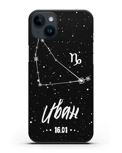 Чехол со знаком зодиака Козерог (22 дек — 20 янв) с именем, датой рождения силиконовый для iPhone 14 Plus