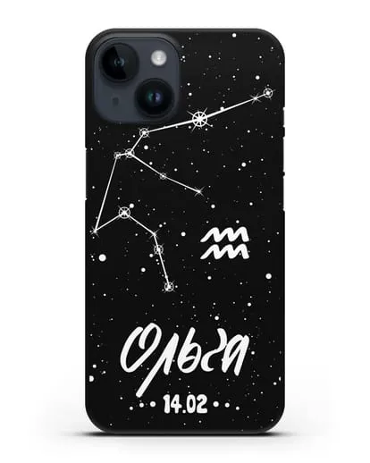 Чехол со знаком зодиака Водолей (21 янв — 19 фев) с именем, датой рождения силиконовый для iPhone 14
