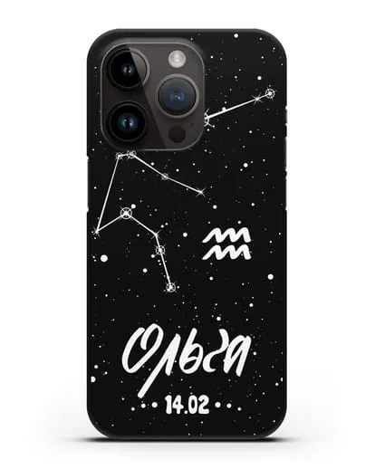 Чехол со знаком зодиака Водолей (21 янв — 19 фев) с именем, датой рождения силиконовый для iPhone 14 Pro