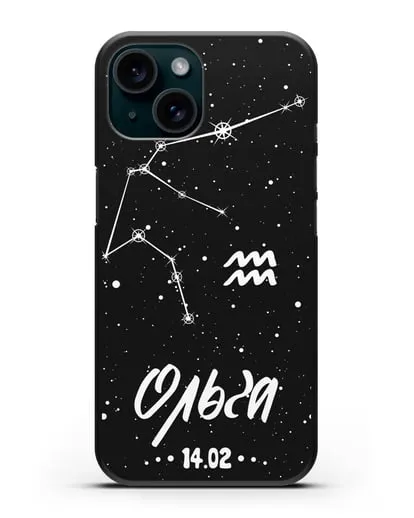 Чехол со знаком зодиака Водолей (21 янв — 19 фев) с именем, датой рождения силиконовый для iPhone 15