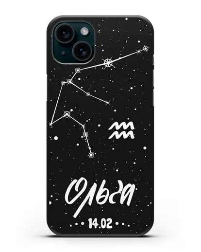 Чехол со знаком зодиака Водолей (21 янв — 19 фев) с именем, датой рождения силиконовый для iPhone 15 Plus