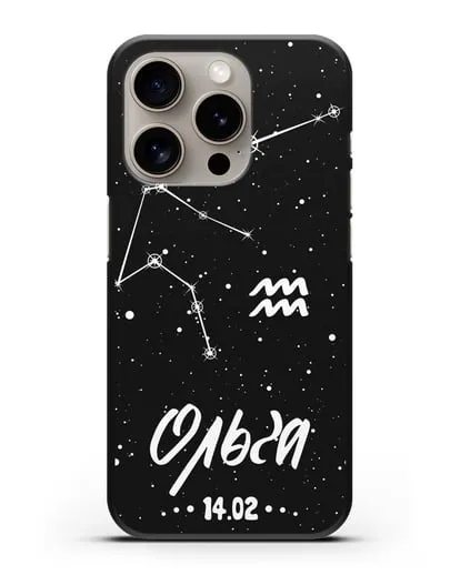 Чехол со знаком зодиака Водолей (21 янв — 19 фев) с именем, датой рождения силиконовый для iPhone 15 Pro