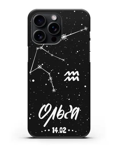 Чехол со знаком зодиака Водолей (21 янв — 19 фев) с именем, датой рождения силиконовый для iPhone 15 Pro Max