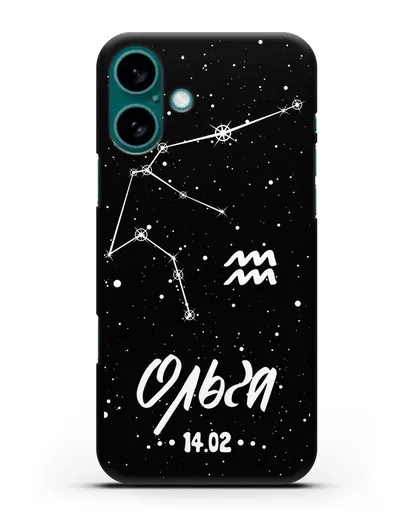 Чехол со знаком зодиака Водолей (21 янв — 19 фев) с именем, датой рождения силиконовый для iPhone 16 Plus