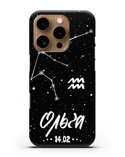 Чехол со знаком зодиака Водолей (21 янв — 19 фев) с именем, датой рождения силиконовый для iPhone 16 Pro
