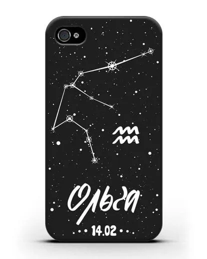 Чехол со знаком зодиака Водолей (21 янв — 19 фев) с именем, датой рождения силиконовый для iPhone 4/4s