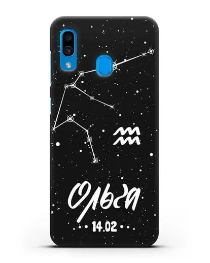 Чехол со знаком зодиака Водолей (21 янв — 19 фев) с именем, датой рождения силиконовый для Samsung Galaxy A30 [SM-A305FN]