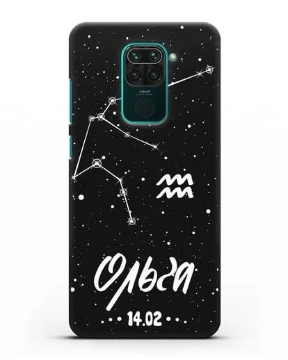 Чехол со знаком зодиака Водолей (21 янв — 19 фев) с именем, датой рождения силиконовый для Xiaomi Redmi Note 9