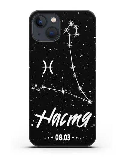 Чехол со знаком зодиака Рыбы (20 фев — 20 мар) с именем, датой рождения силиконовый для iPhone 13 Mini