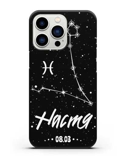 Чехол со знаком зодиака Рыбы (20 фев — 20 мар) с именем, датой рождения силиконовый для iPhone 13 Pro