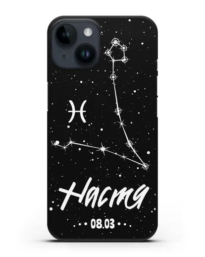 Чехол со знаком зодиака Рыбы (20 фев — 20 мар) с именем, датой рождения силиконовый для iPhone 14