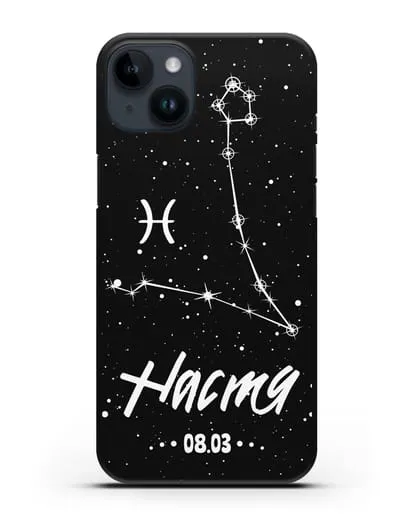 Чехол со знаком зодиака Рыбы (20 фев — 20 мар) с именем, датой рождения силиконовый для iPhone 14 Plus