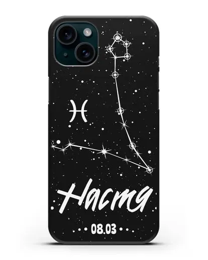 Чехол со знаком зодиака Рыбы (20 фев — 20 мар) с именем, датой рождения силиконовый для iPhone 15 Plus