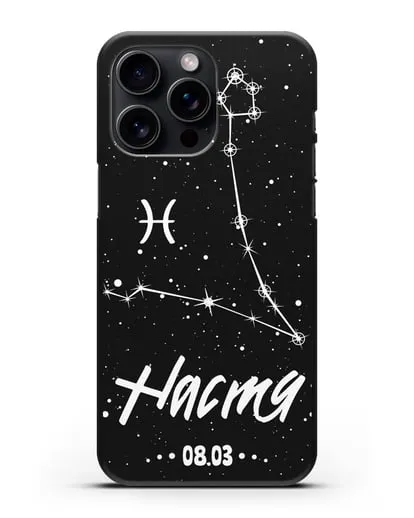 Чехол со знаком зодиака Рыбы (20 фев — 20 мар) с именем, датой рождения силиконовый для iPhone 15 Pro Max