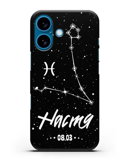 Чехол со знаком зодиака Рыбы (20 фев — 20 мар) с именем, датой рождения силиконовый для iPhone 16