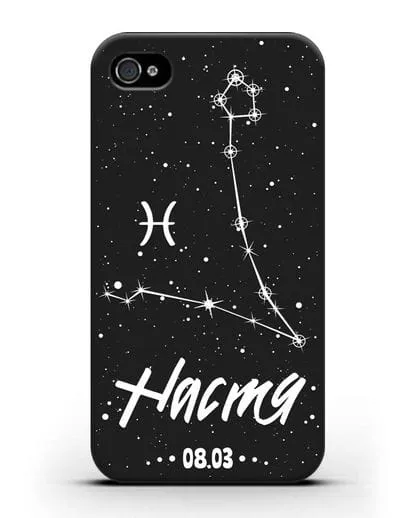 Чехол со знаком зодиака Рыбы (20 фев — 20 мар) с именем, датой рождения силиконовый для iPhone 4/4s