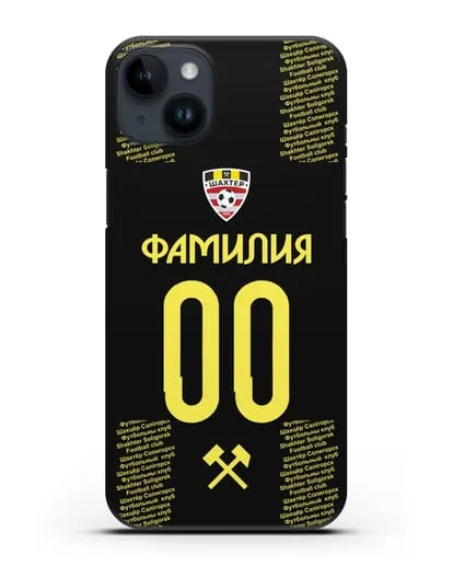 Именной чехол ФК Шахтёр Солигорск с фамилией и номером (сезон 2018-2019) черная форма силиконовый для iPhone 14 Plus