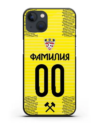 Именной чехол ФК Шахтёр Солигорск с фамилией и номером (сезон 2018-2019) желтая форма силиконовый для iPhone 13