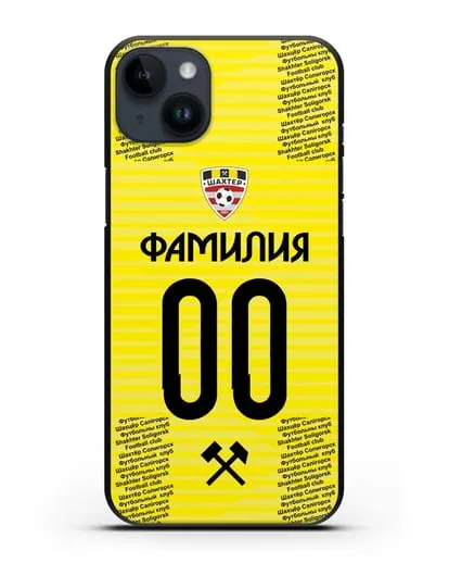 Именной чехол ФК Шахтёр Солигорск с фамилией и номером (сезон 2018-2019) желтая форма силиконовый для iPhone 14 Plus