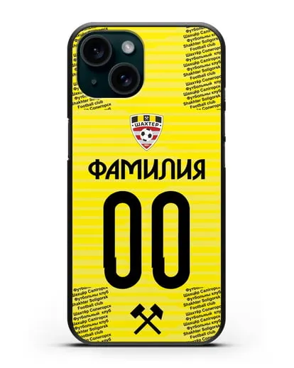 Именной чехол ФК Шахтёр Солигорск с фамилией и номером (сезон 2018-2019) желтая форма силиконовый для iPhone 15