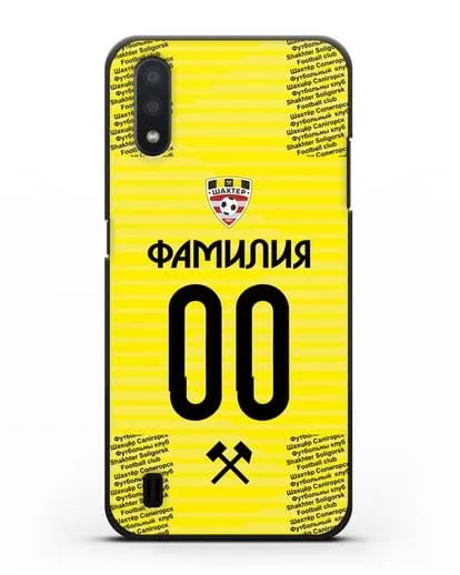 Именной чехол ФК Шахтёр Солигорск с фамилией и номером (сезон 2018-2019) желтая форма силиконовый для Samsung Galaxy A01 [SM-A015F]