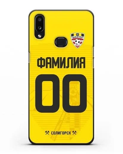 Именной чехол ФК Шахтёр Солигорск с фамилией и номером (сезон 2019-2020) желтая форма силиконовый для Samsung Galaxy A10s [SM-F107F]