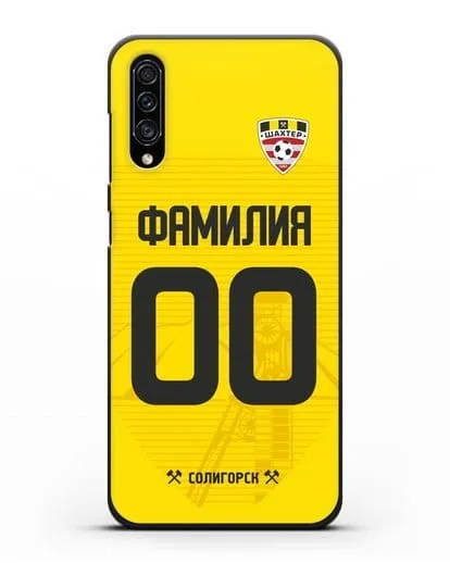 Именной чехол ФК Шахтёр Солигорск с фамилией и номером (сезон 2019-2020) желтая форма силиконовый для Samsung Galaxy A30s [SM-A307FN]