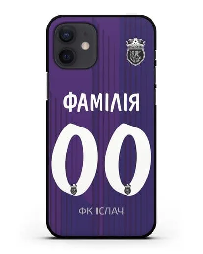 Именной чехол ФК Ислочь с фамилией и номером фиолетовая форма силиконовый для iPhone 12