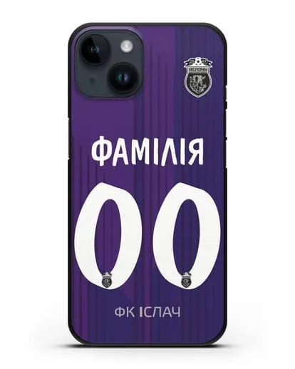 Именной чехол ФК Ислочь с фамилией и номером фиолетовая форма силиконовый для iPhone 14