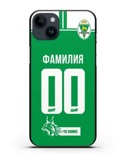Именной чехол ФК Гомель с фамилией и номером зеленая форма силиконовый для iPhone 14 Plus