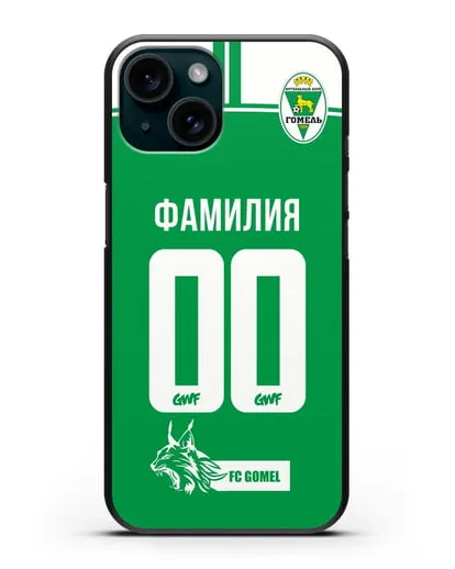 Именной чехол ФК Гомель с фамилией и номером зеленая форма силиконовый для iPhone 15