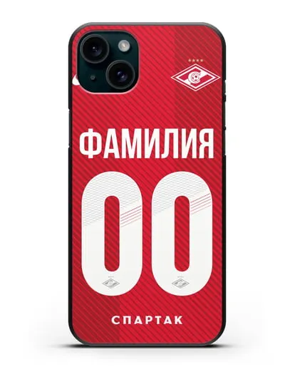 Именной чехол ФК Спартак Москва с фамилией и номером (сезон 2018-2019) красная форма силиконовый для iPhone 15 Plus