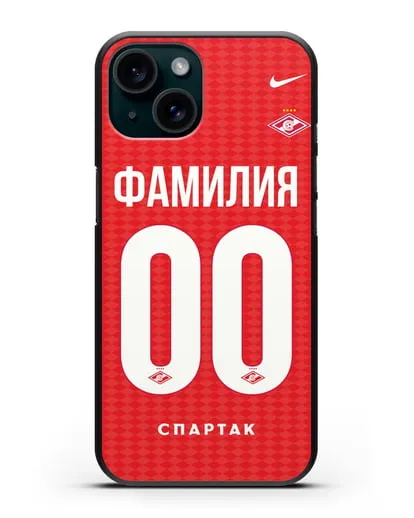 Именной чехол ФК Спартак Москва с фамилией и номером (сезон 2019-2020) красная форма силиконовый для iPhone 15