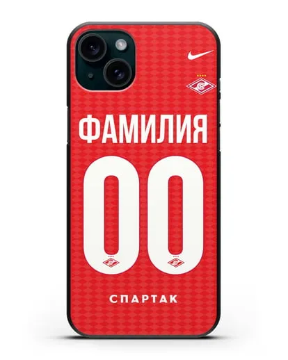 Именной чехол ФК Спартак Москва с фамилией и номером (сезон 2019-2020) красная форма силиконовый для iPhone 15 Plus