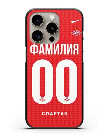 Именной чехол ФК Спартак Москва с фамилией и номером (сезон 2019-2020) красная форма силиконовый для iPhone 15 Pro