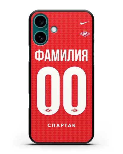 Именной чехол ФК Спартак Москва с фамилией и номером (сезон 2019-2020) красная форма силиконовый для iPhone 16 Plus