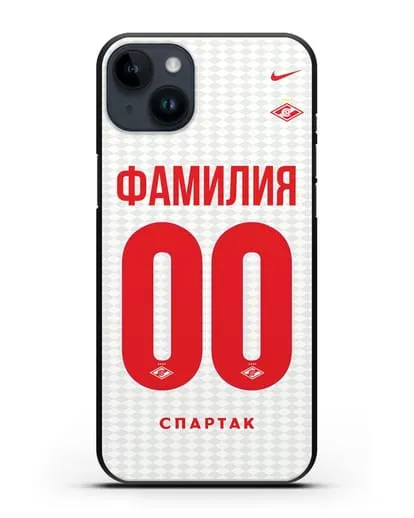 Именной чехол ФК Спартак Москва с фамилией и номером (сезон 2019-2020) белая форма силиконовый для iPhone 14 Plus