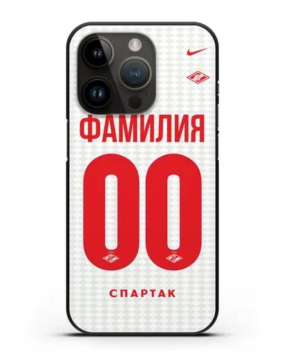 Именной чехол ФК Спартак Москва с фамилией и номером (сезон 2019-2020) белая форма силиконовый для iPhone 14 Pro