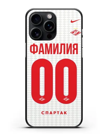 Именной чехол ФК Спартак Москва с фамилией и номером (сезон 2019-2020) белая форма силиконовый для iPhone 15 Pro Max