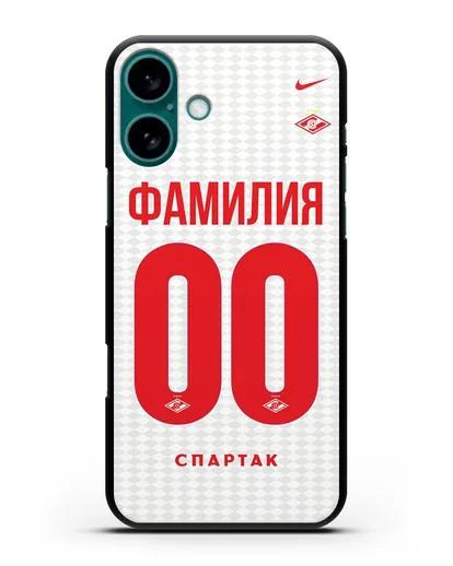 Именной чехол ФК Спартак Москва с фамилией и номером (сезон 2019-2020) белая форма силиконовый для iPhone 16 Plus