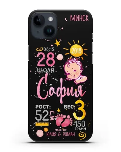 Именной чехол Детская метрика для девочки силиконовый для iPhone 14 Plus