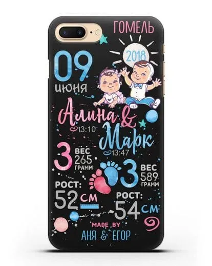Именной чехол Детская метрика для двойняшек силиконовый для iPhone 8 Plus