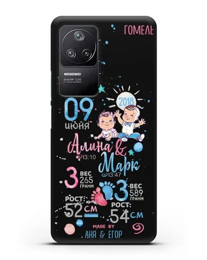 Именной чехол Детская метрика для двойняшек силиконовый для Xiaomi Poco F4