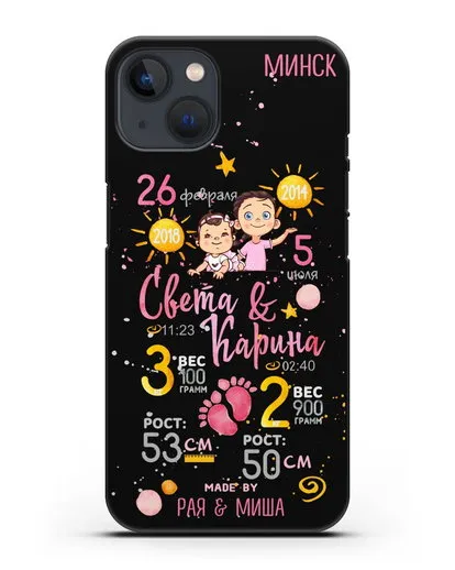 Именной чехол Детская метрика для двух девочек силиконовый для iPhone 13 Mini