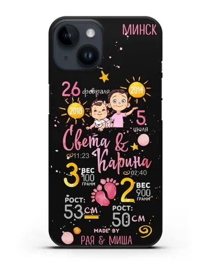 Именной чехол Детская метрика для двух девочек силиконовый для iPhone 14