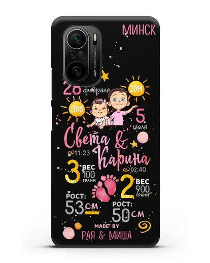 Именной чехол Детская метрика для двух девочек силиконовый для Xiaomi Poco F3 Pro