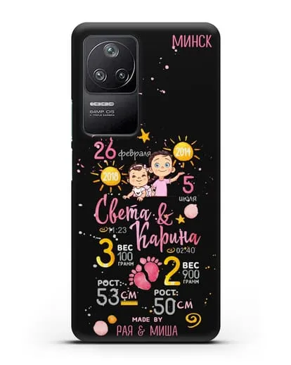 Именной чехол Детская метрика для двух девочек силиконовый для Xiaomi Poco F4