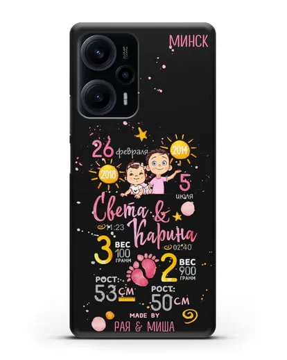 Именной чехол Детская метрика для двух девочек силиконовый для Xiaomi Poco F5