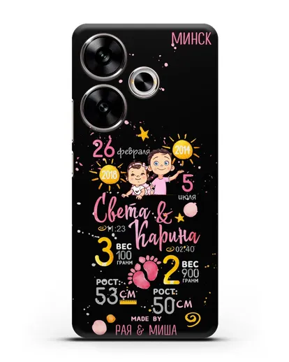 Именной чехол Детская метрика для двух девочек силиконовый для Xiaomi Poco F6