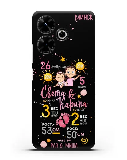 Именной чехол Детская метрика для двух девочек силиконовый для Xiaomi Poco M6
